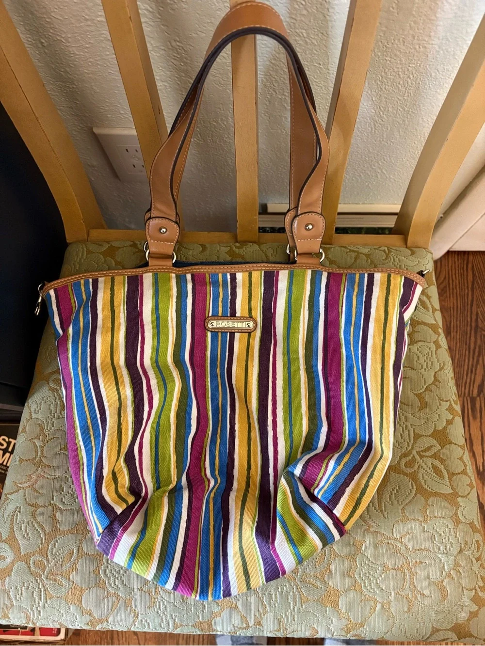 Multicolor Striped Tote Bag with Tan Handles